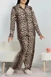 Kadın Büyük Beden Süet Düğmeli Pijama Takımı Leopar