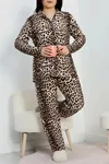 Kadın Büyük Beden Süet Düğmeli Pijama Takımı Leopar