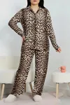Kadın Büyük Beden Süet Düğmeli Pijama Takımı Leopar