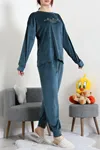 Kadın Fransız Kadife Pijama Takımı Petrol