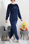 Kadın Fransız Kadife Pijama Takımı Lacivert