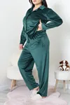 Kadın Fransız Kadife Büyük Beden Düğmeli Pijama Takımı Zümrüt