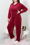 Kadın Fransız Kadife Büyük Beden Düğmeli Pijama Takımı Bordo