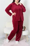 Kadın Fransız Kadife Büyük Beden Düğmeli Pijama Takımı Bordo