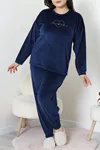 Kadın Fransız Kadife Büyük Beden Pijama Takımı Lacivert