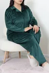 Kadın Fransız Kadife Büyük Beden Düğmeli Pijama Takımı Zümrüt