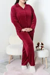Kadın Fransız Kadife Büyük Beden Düğmeli Pijama Takımı Bordo