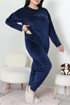 Kadın Fransız Kadife Büyük Beden Pijama Takımı Lacivert