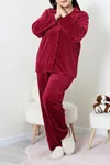 Kadın Fransız Kadife Büyük Beden Düğmeli Pijama Takımı Bordo