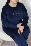 Kadın Fransız Kadife Büyük Beden Pijama Takımı Lacivert