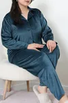 Kadın Fransız Kadife Büyük Beden Düğmeli Pijama Takımı Petrol