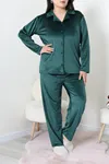 Kadın Fransız Kadife Büyük Beden Düğmeli Pijama Takımı Zümrüt
