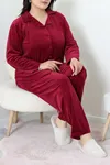 Kadın Fransız Kadife Büyük Beden Düğmeli Pijama Takımı Bordo