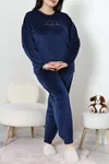 Kadın Fransız Kadife Büyük Beden Pijama Takımı Lacivert