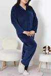 Kadın Fransız Kadife Büyük Beden Düğmeli Pijama Takımı Lacivert