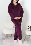 Kadın Fransız Kadife Büyük Beden Düğmeli Pijama Takımı Mor