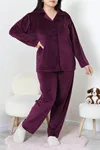 Kadın Fransız Kadife Büyük Beden Düğmeli Pijama Takımı Mor