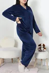 Kadın Fransız Kadife Büyük Beden Düğmeli Pijama Takımı Lacivert