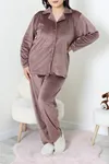 Kadın Fransız Kadife Büyük Beden Düğmeli Pijama Takımı Kahve