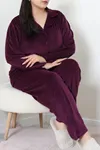 Kadın Fransız Kadife Büyük Beden Düğmeli Pijama Takımı Mor