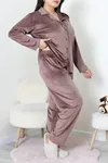 Kadın Fransız Kadife Büyük Beden Düğmeli Pijama Takımı Kahve