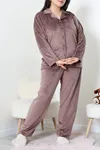 Kadın Fransız Kadife Büyük Beden Düğmeli Pijama Takımı Kahve