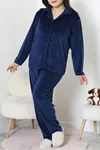 Kadın Fransız Kadife Büyük Beden Düğmeli Pijama Takımı Lacivert