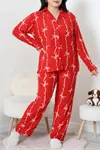 Kadın Süet Büyük Beden Düğmeli Pijama Takımı Kırmızı