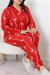 Kadın Süet Büyük Beden Düğmeli Pijama Takımı Kırmızı