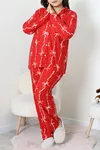 Kadın Süet Büyük Beden Düğmeli Pijama Takımı Kırmızı