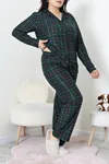 Kadın Süet Büyük Beden Düğmeli Pijama Takımı Zümrüt