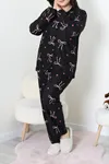 Kadın Büyük Beden Süet Düğmeli Pijama Takımı Siyahkurdele
