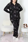 Kadın Büyük Beden Süet Düğmeli Pijama Takımı Siyahkurdele