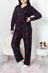 Kadın Süet Büyük Beden Düğmeli Pijama Takımı Lacivert