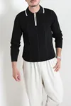 Çizgili Polo Yaka Erkek Triko Sweat Siyah