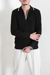 Çizgili Polo Yaka Erkek Triko Sweat Siyah