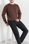 Bisiklet Yaka Şardonlu 3 İplik Erkek Sweat Açık Kahve
