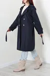 Kadın Kruvaze Kuşaklı Astarlı Uzun Trençkot Lacivert