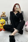 Kadın Fitilli Kurdaleli Pijama Takım Siyah
