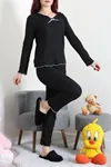 Kadın Fitilli Kurdaleli Pijama Takım Siyah