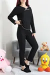 Kadın Fitilli Kurdaleli Pijama Takım Siyah