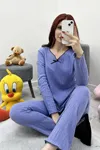 Kadın Fitilli Kurdaleli Pijama Takım Lila