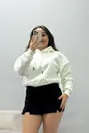 Kadın 3 İplik Kapşonlu Crop Sweat Ekru