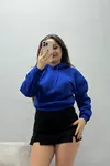 Kadın 3 İplik Kapşonlu Crop Sweat Saks
