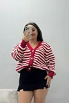 Kadın V Yaka Çizgili Hırka Kırmızıekru