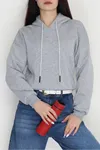 Kadın 3 İplik Kapşonlu Crop Sweat Gri
