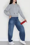 Kadın 3 İplik Kapşonlu Crop Sweat Gri