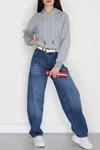 Kadın 3 İplik Kapşonlu Crop Sweat Gri