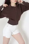 Kadın 3 İplik Kapşonlu Crop Sweat Açık Kahve