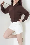 Kadın 3 İplik Kapşonlu Crop Sweat Açık Kahve